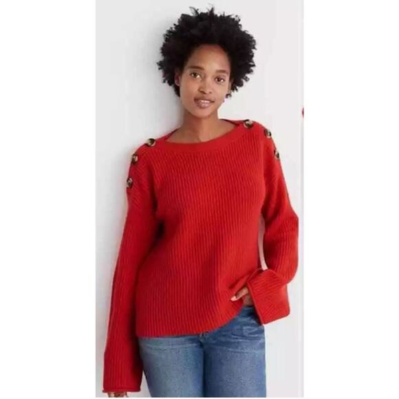 MADEWELL Calloway Boatneck Ribbed Wool Sweater Oversized Buttons Enamel Red Sz S - Picture 1 of 9